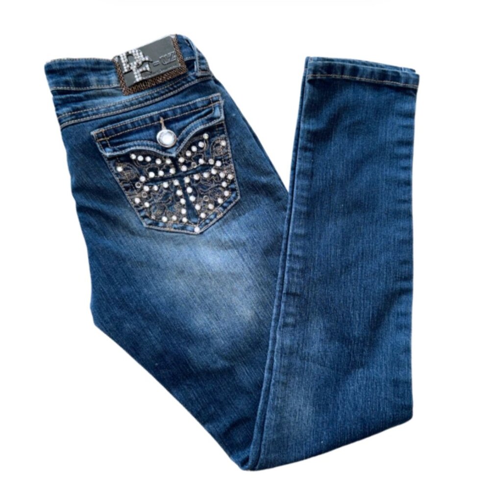 D-FUZ WOMEN SIZE 5 / 6 Skinny Jeans Mid Rise Jeweled Pockets Medium Blue No Hole